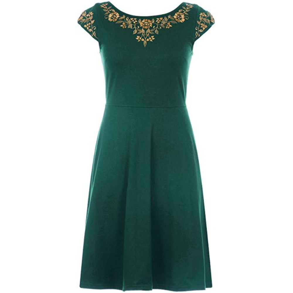 Floral embellished cotton knit dress green & gold